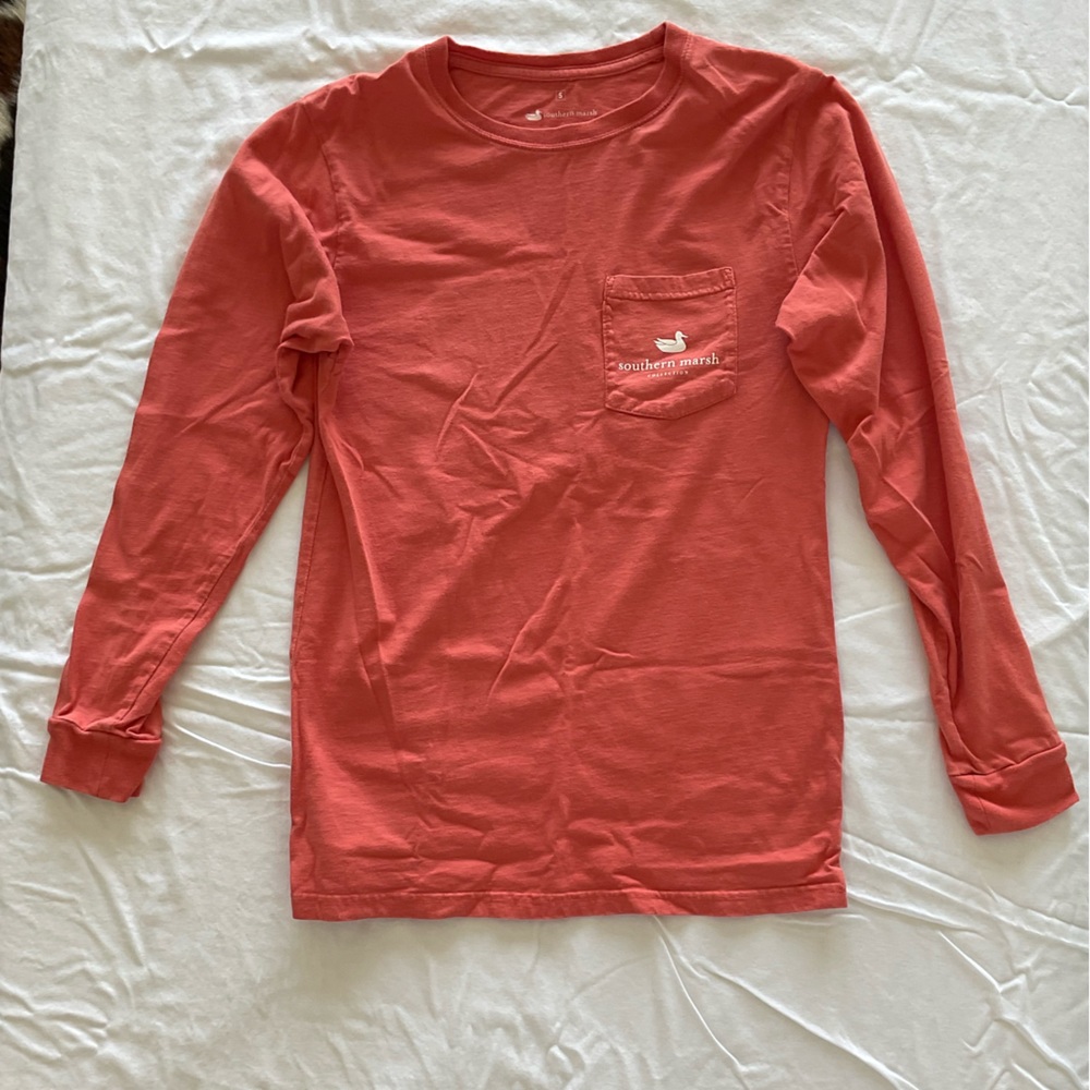 Southern Marsh Red/Orange Long Sleeve Tshirt with Front Pocket and Dog Design